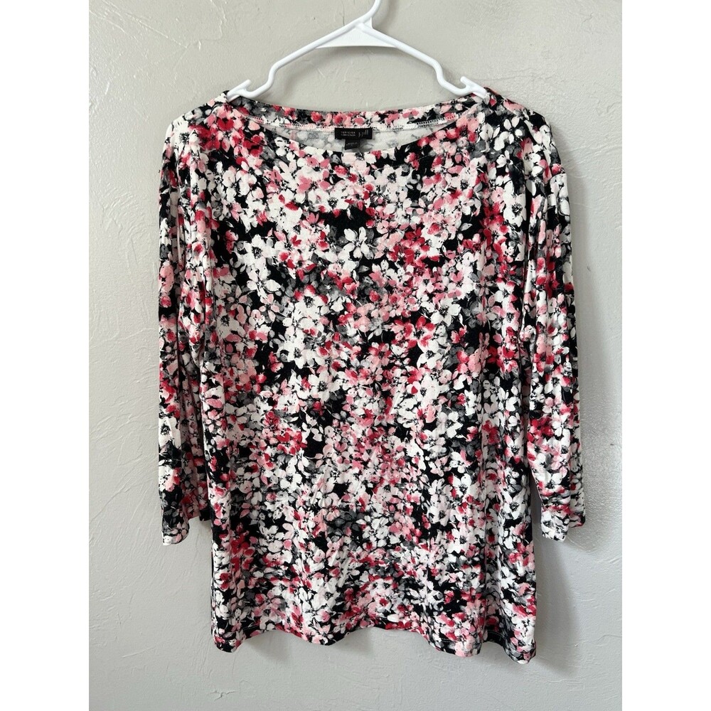 J. Jill Wearever Collection 3/4 Sleeve Black Floral Top Size Small Shirt Stretch